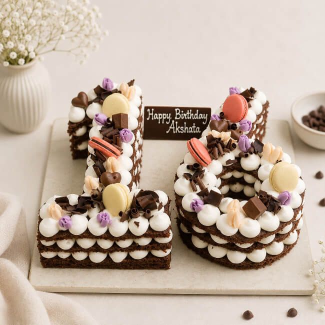 Variety of Number Cakes with different flavors and toppings.