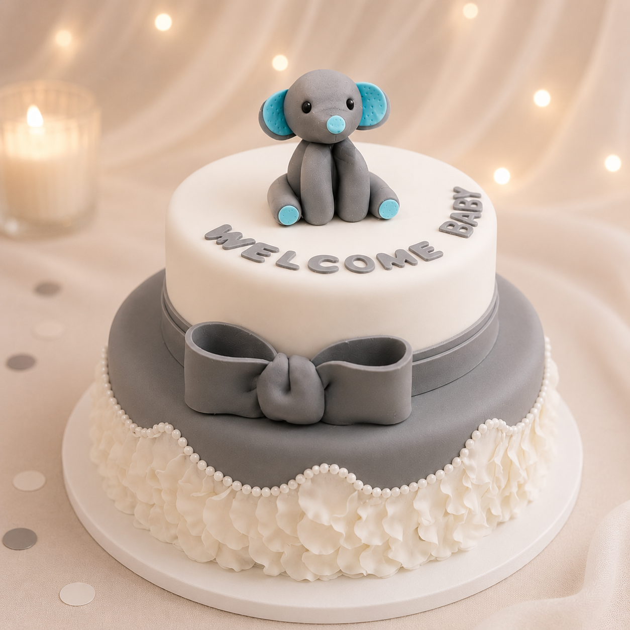 Fondant Baby Shower Cake with Adorable Elephant Topper