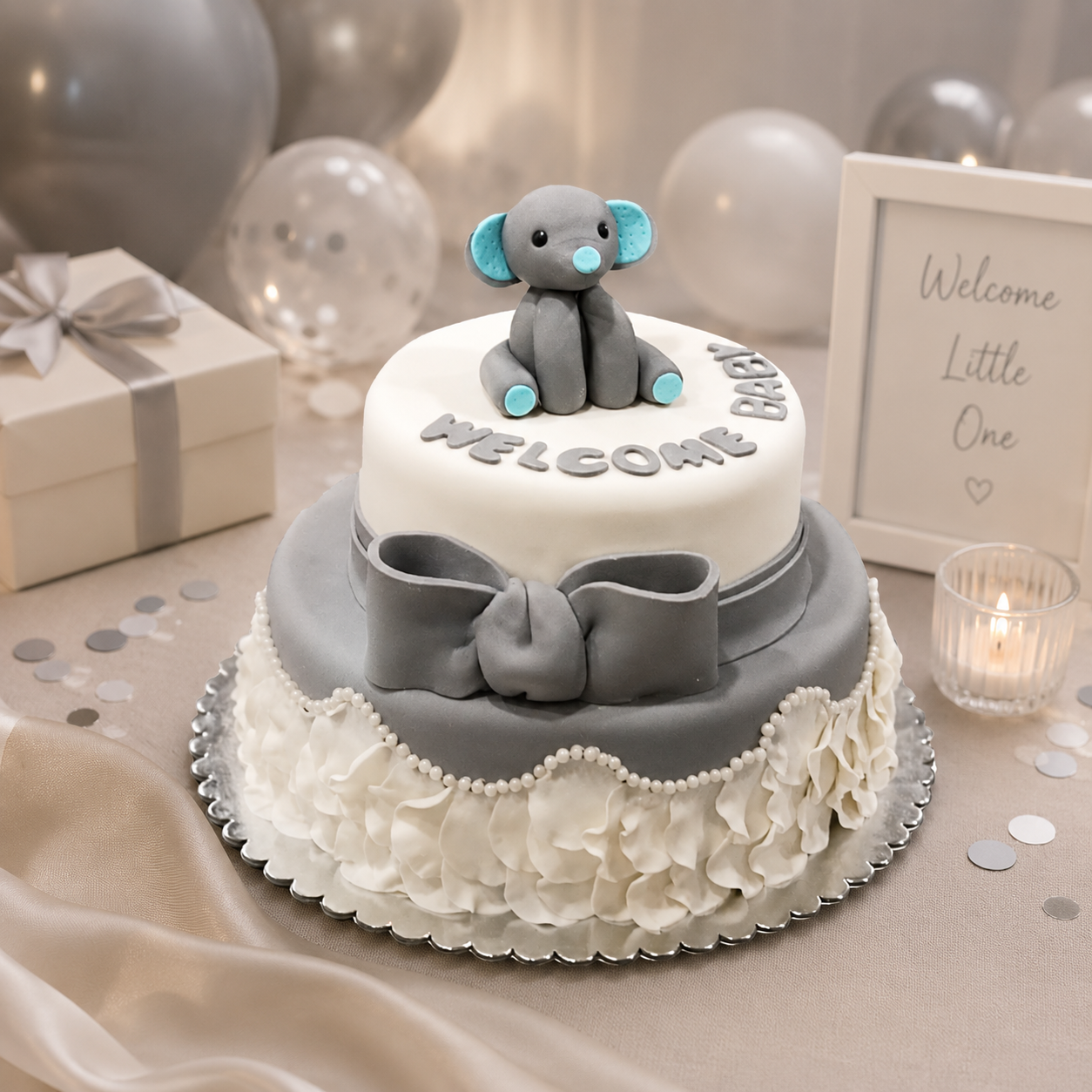 Fondant Baby Shower Cake with Adorable Elephant Topper