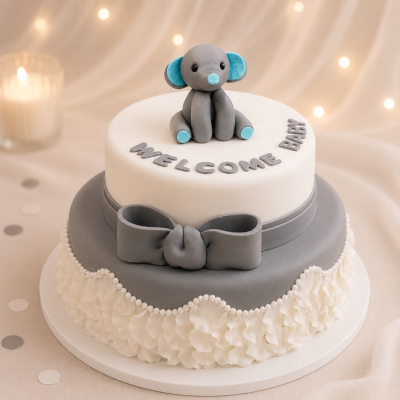Fondant Baby Shower Cake with Adorable Elephant Topper