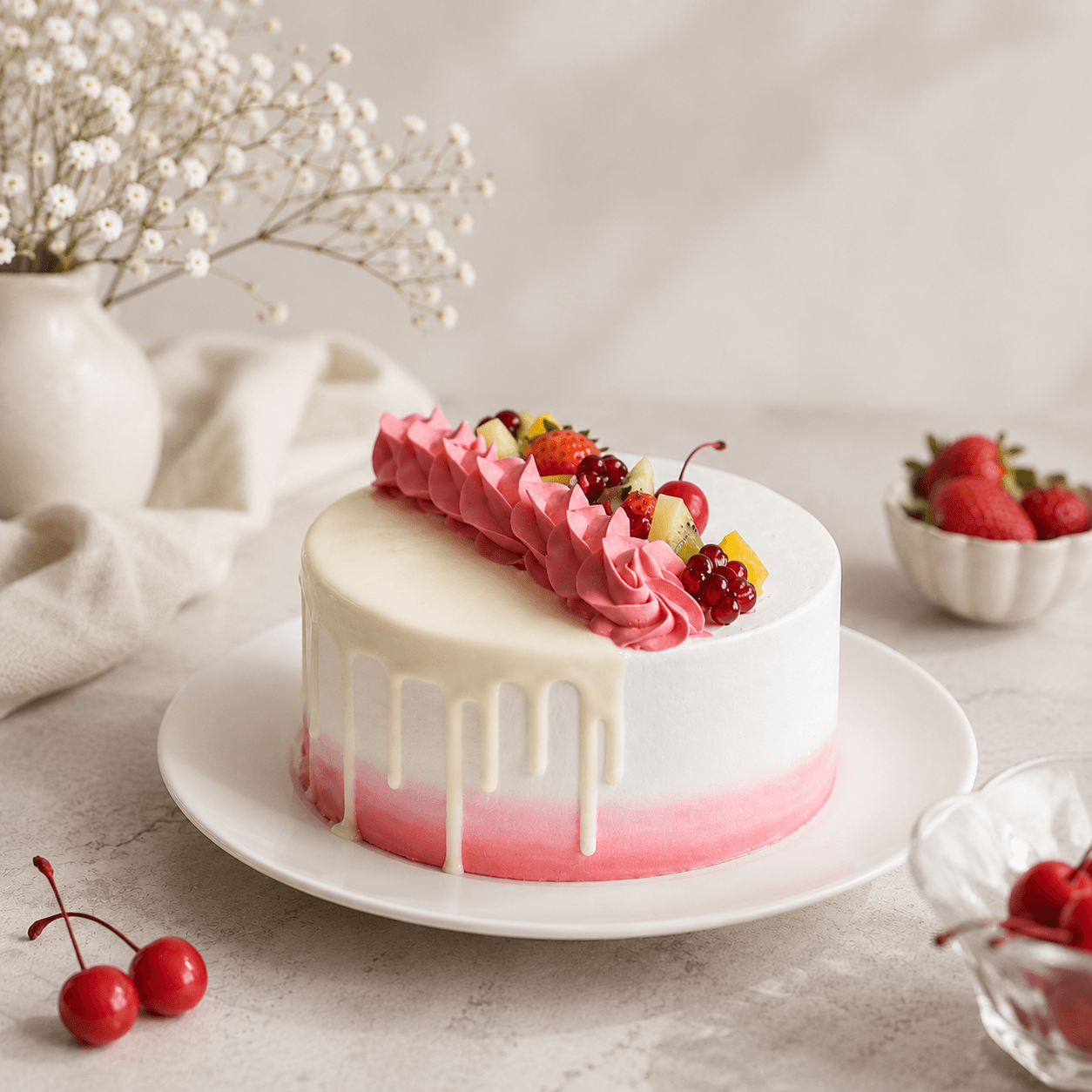 Dark and White Chocolate Cake with Fresh Fruits Topping