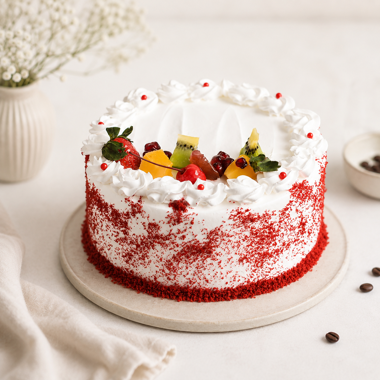 Fresh Fruits Topped Red Velvet Cake