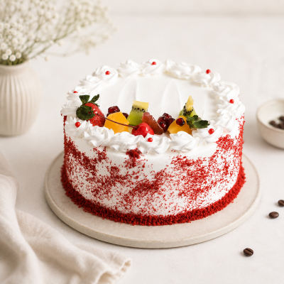 Fresh Fruits Topped Red Velvet Cake