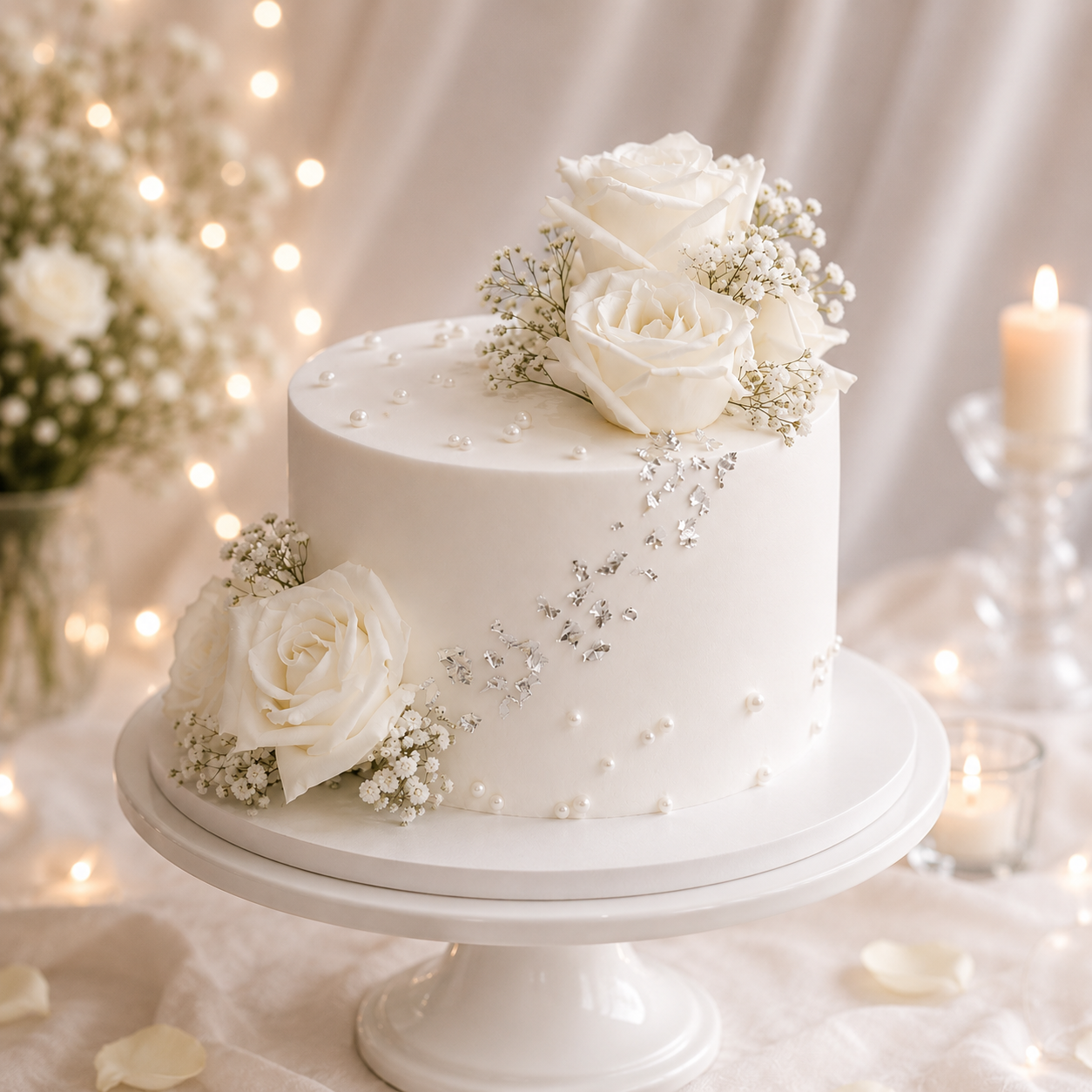Gold Flake White Rose Wedding Cake