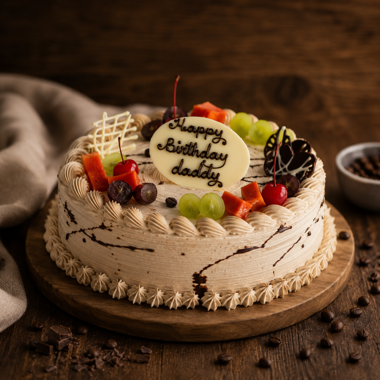 Mocha Cake with Seasonal Fruit Topping