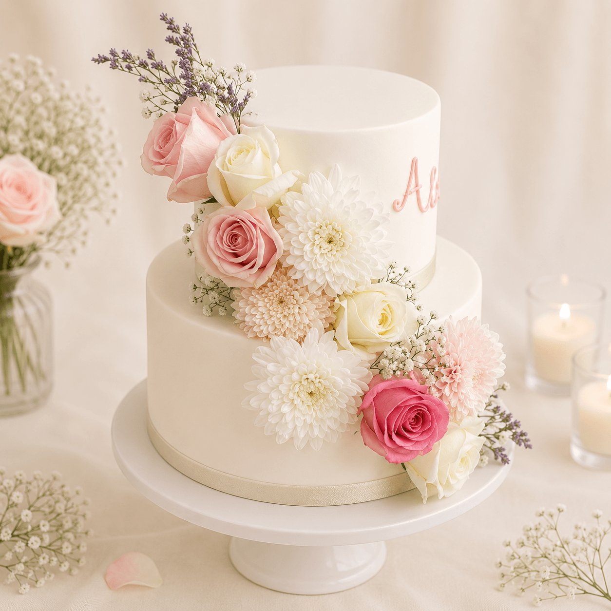 Pink & White Flower Blossom Wedding Cake