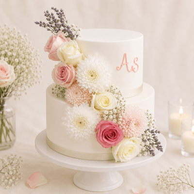 Pink & White Flower Blossom Wedding Cake