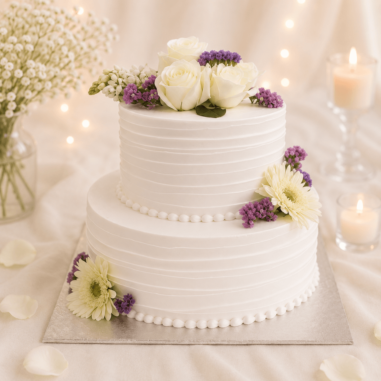 Purple Themed Engagement Cake with Fresh Flowers