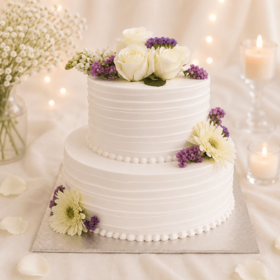 Purple Themed Engagement Cake with Fresh Flowers