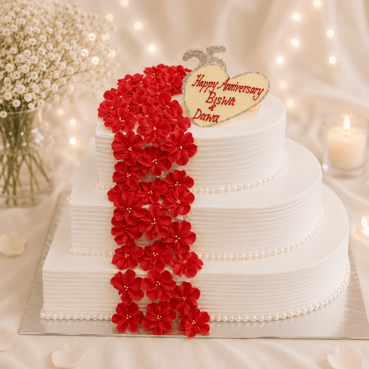 Red Flower Two Tier Wedding Cake