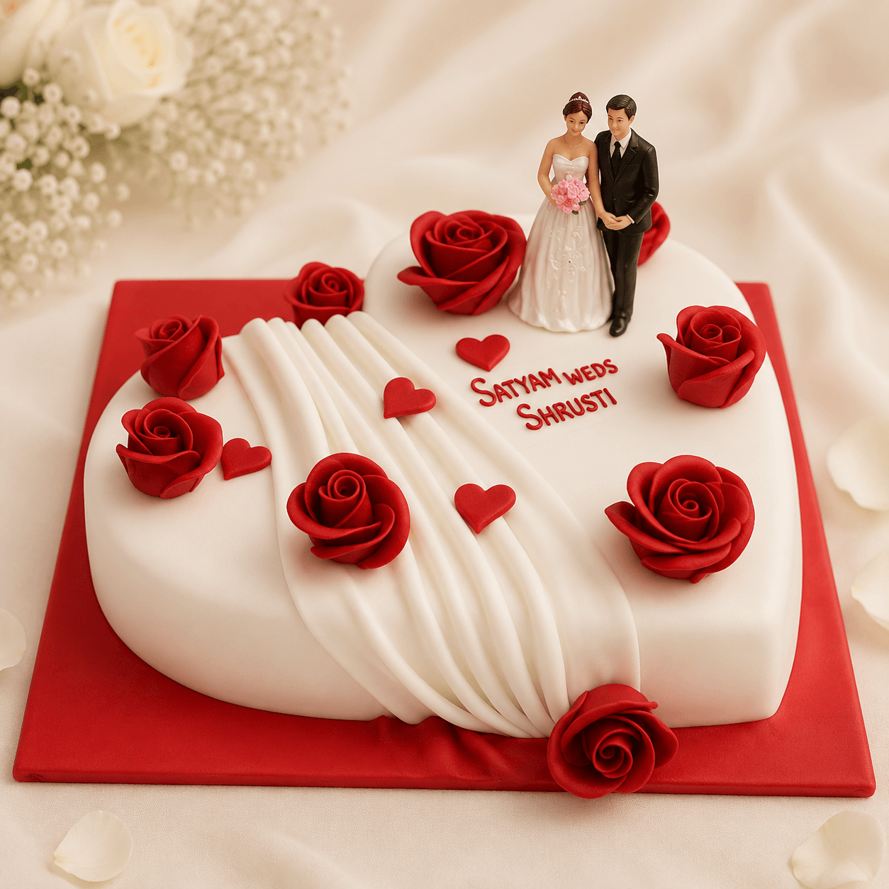 Rose Drape Engagement Cake in Heart Shape  (Exlusive Doll)