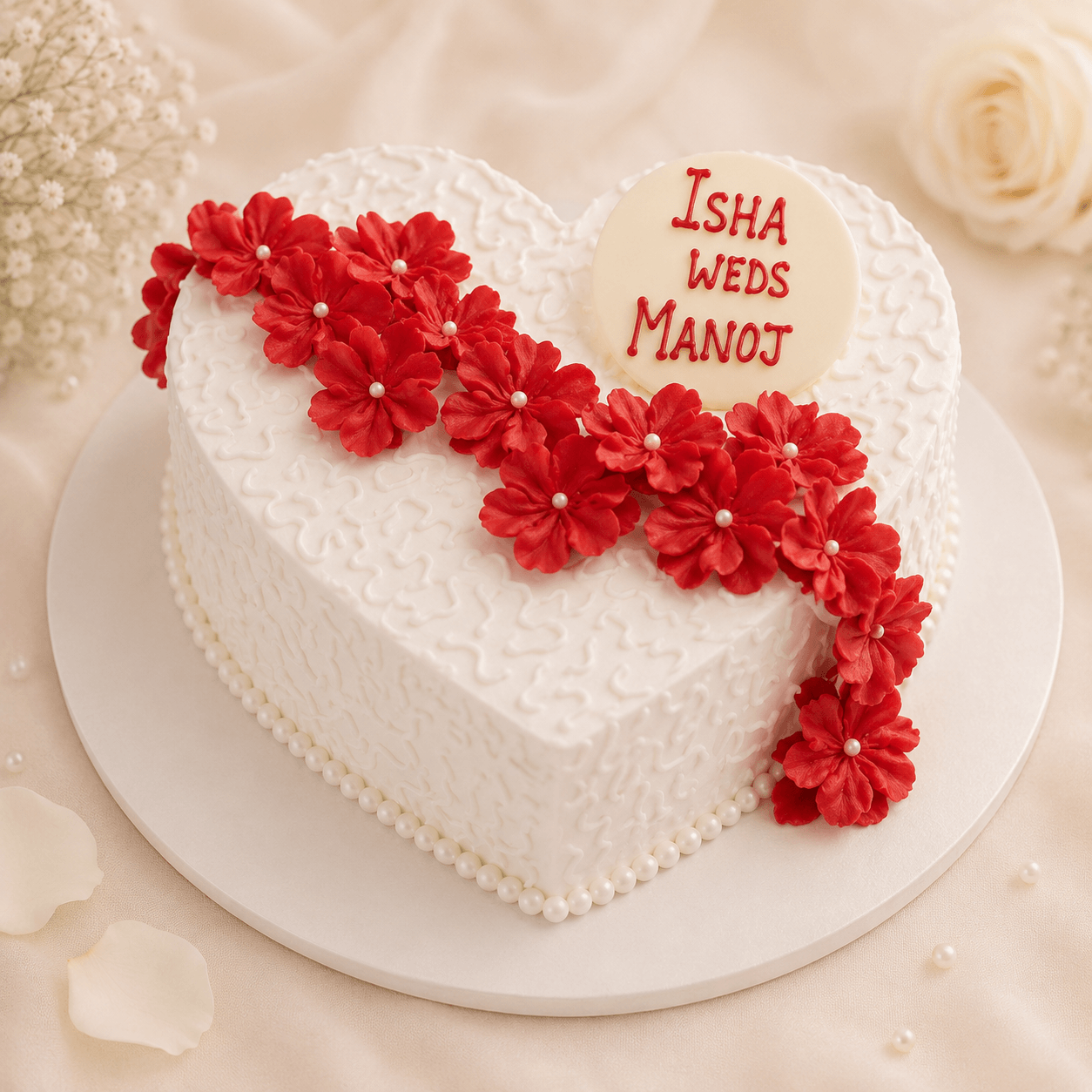 Simple Flower Flow Heart Shape Wedding Cake