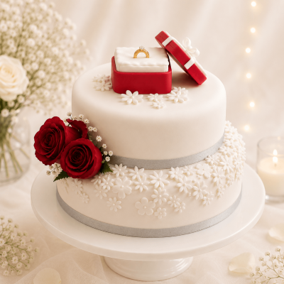 Two Tier Classic White Wedding Cake with Ring Box