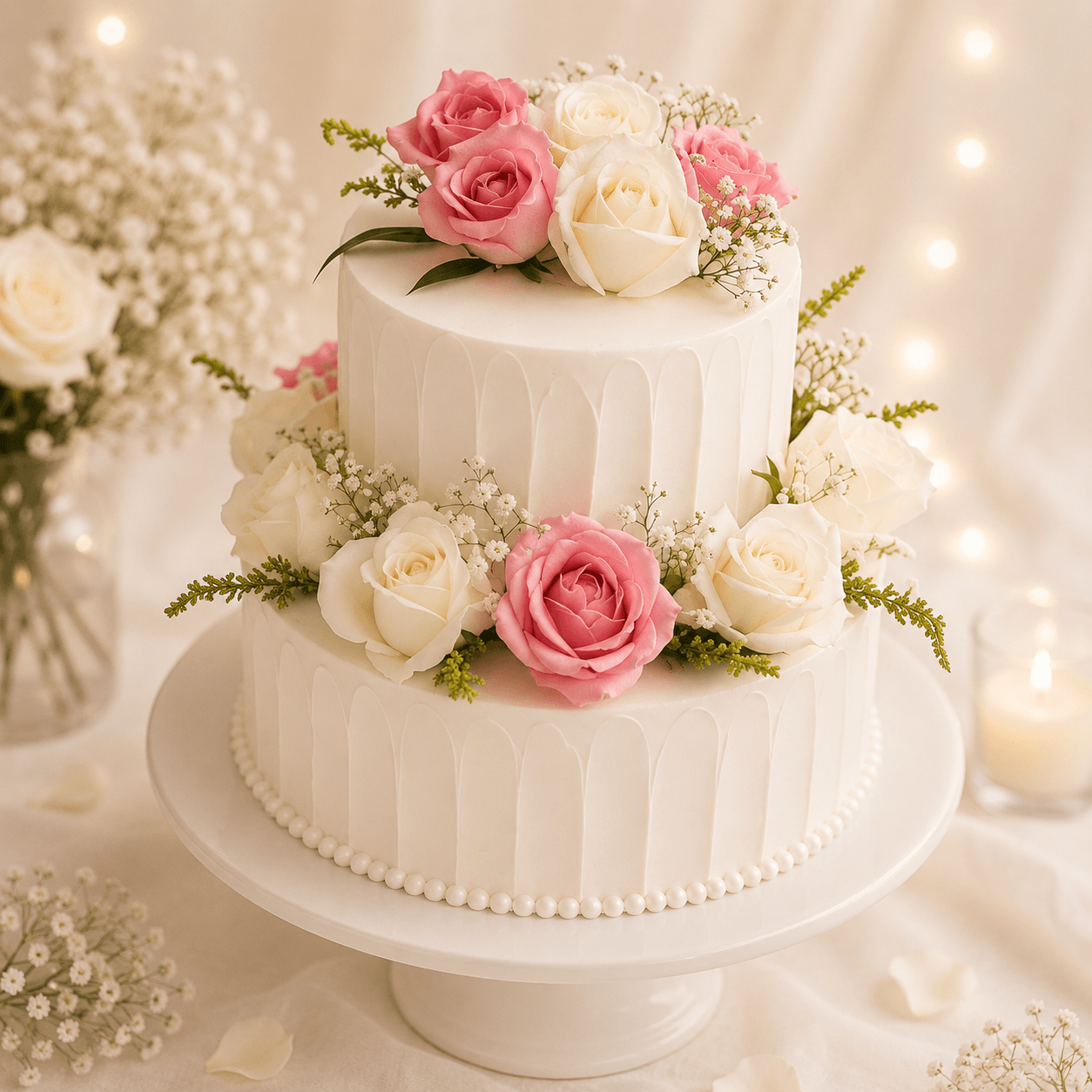 Two Tier Wedding Cake With Fresh Roses