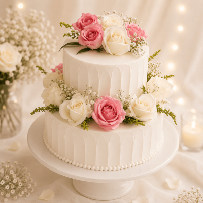 Two Tier Wedding Cake With Fresh Roses